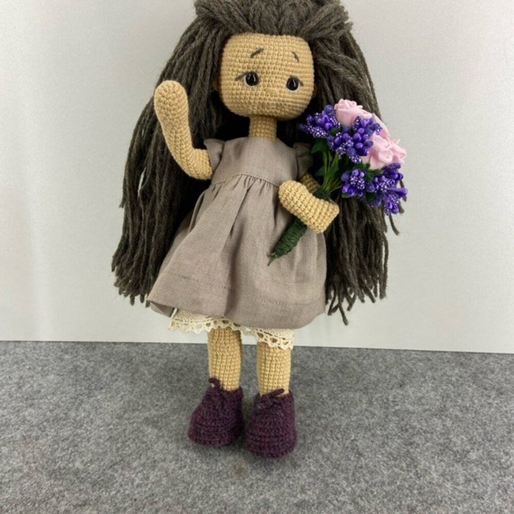 Handmade Crochet Doll with Brown Hair and Purple Boots - Picture 12 of 12